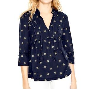 Boden Blouse Shirt Gemma Navy Metallic Gold Tassel Soft Texture Small Jersey Top
